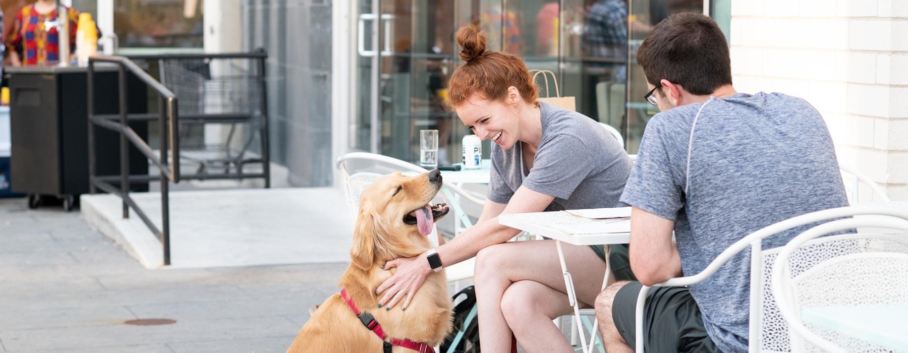 dog sits next to a couple at an outdoor table